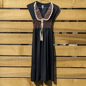 Rare Vintage Floral Stretchy Empire Waist Boho Calico Print Midi Dress Size S…